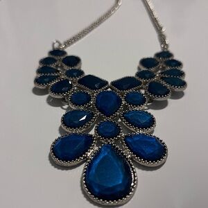 Stunning Statement Necklace in Bright Deep Blue, Silver Chain, (costume jewelry)